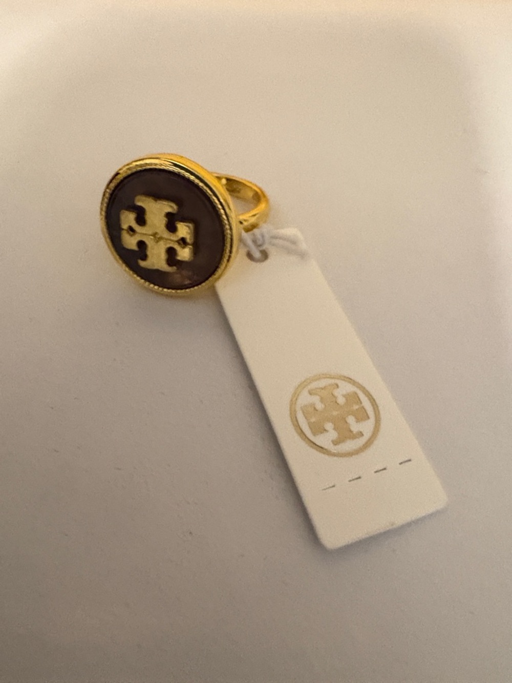 Tory Burch Gold-Tone Logo Round Ring with Brown Enamel